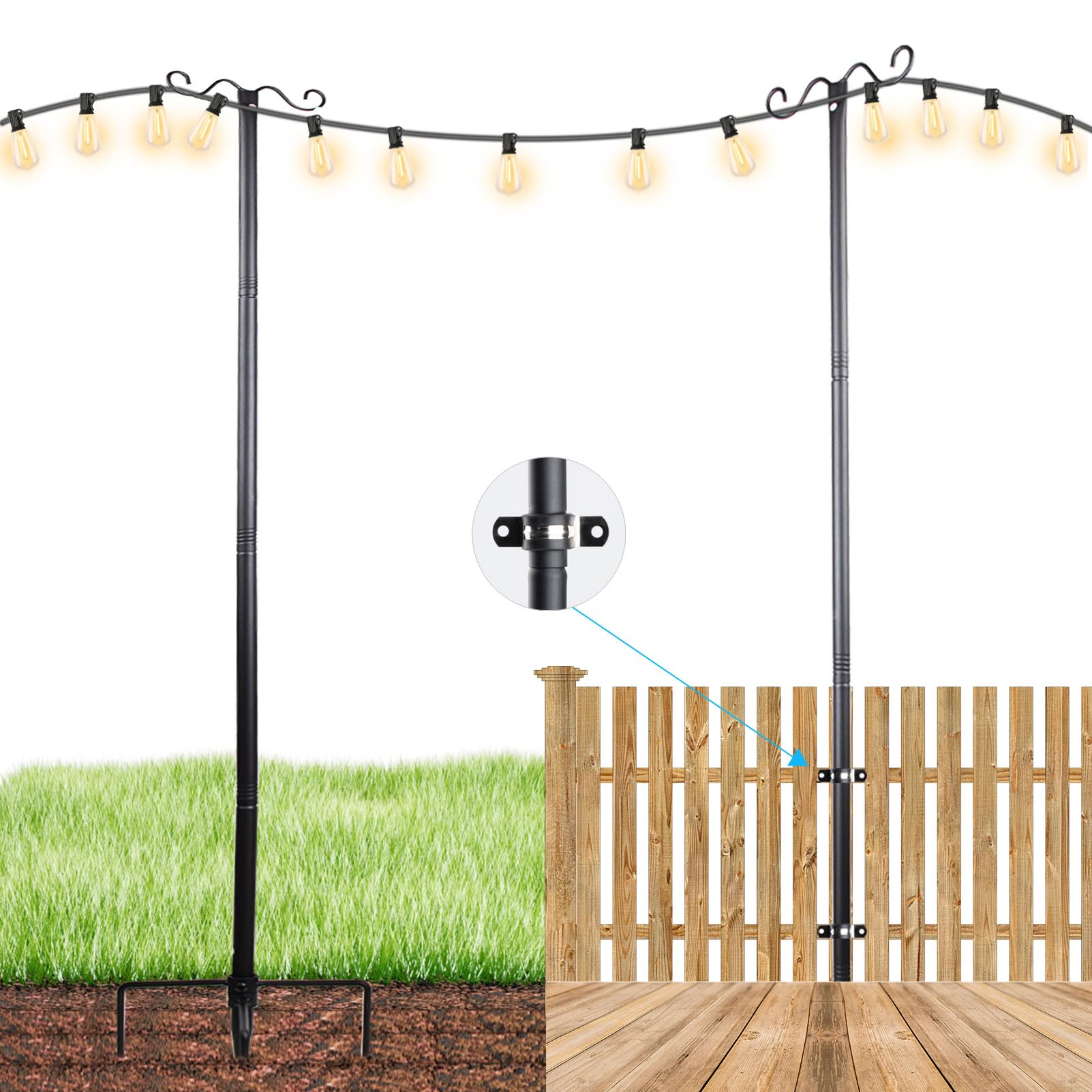thumbnail image 2 of Backyard Light Holders Outdoor String Light Poles - 8ft Metal Light Poles With Hooks For Patio & Backyard Lighting String Light Poles For Deck 2 of 12