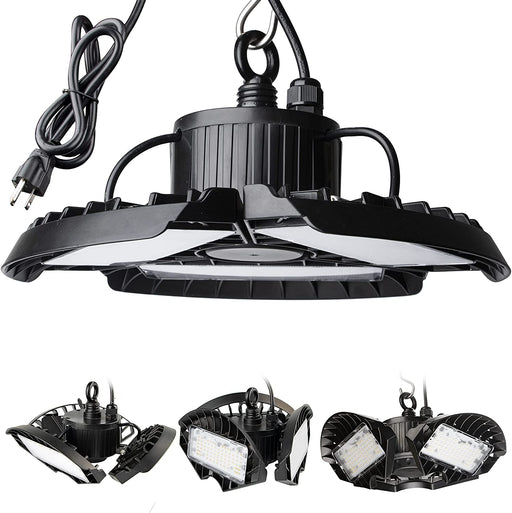 4 Pack 100W LED High Bay Lights for Warehouse with 3 Adustbale Panels , 5000K UFO Lighting