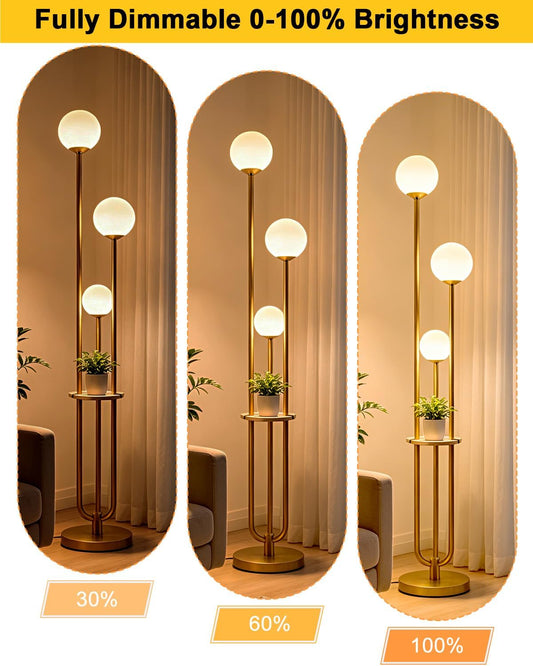 Lightdot 63IN Gold Dimmable 3‑Globe Floor Lamp With Shelf: 2‑in‑1 Mid‑Century Standing Lamp for Home & Party Decor