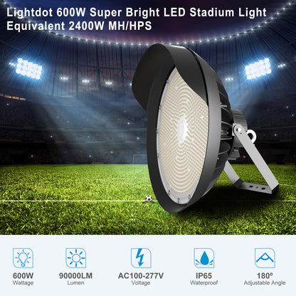 Lightdot 600W LED Stadium Lights with Reflector 100-277V 90000Lm Commercial LED Sport Lights with US Hook/Bracket Mount for Sport Fields/Courts