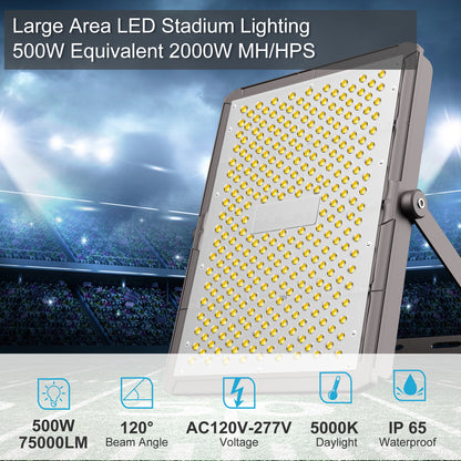 Upgrade 500W LED Stadium Flood Light Outdoor 75000Lm Led Flood Light with Adjustable Bracket, IP65 AC100-277V Commercial Area Lighting with Plug for Backyard/Basketball Court