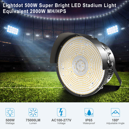 Lightdot 500W LED Stadium Lights 75000Lm (2000W Eqv.) LED High Mast Lights Outdoor with photocell, AC100-277V IP65 Waterproof Outdoor Sport Count Light