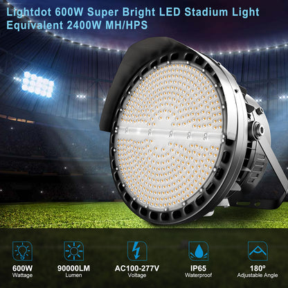 Lightdot 600W LED Flood Stadium Lights Outdoor 90000Lm (2400W Eqv.) LED High Mast Lights AC100-277V IP65 Waterproof Trunnion Mount Sport Count Light for Outdoor Stadium/Ballpark