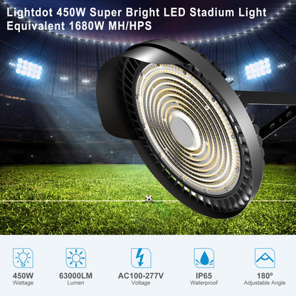 Lightdot 450W(520x1W) LED Stadium Lights 67500Lm (1800W Eqv.) LED High Mast Lights Outdoor AC100-277V IP65 Waterproof Outdoor Sport Count Light Commercial Area Lighting
