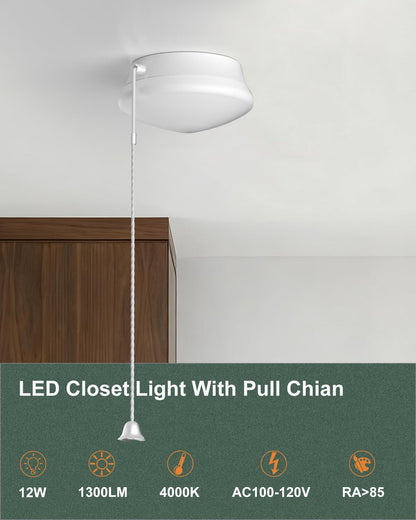 7” Modern LED Ceiling Light with Pull Chain 12W 4000K, Flush Mount Lighting for Closets /Bedroom/Corridor