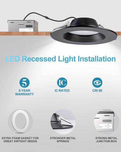 Lightdot 6 Inch Recessed Lighting , 12W Dimmable LED Downlight 3CCT Selectable (3000K/4000K/5000K), Anti-Glare Slim Canless Ceiling Light-Black