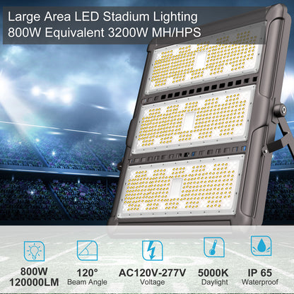 Upgrade 800W Outdoor Flood Lights AC100-277V LED Stadium Lights 120000Lm (3200W Eqv.) LED Flood Lights with 3 Modules, IP65 Waterproof Area Lighting with Adjustable U Bracket