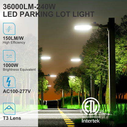 Lightdot 240W(240x1W) Parking Lot Lighting 36000Lm(150Lm/W) 5000K Dusk to Dawn LED Parking Lot Lights ETL Listed Arm IP65 Outdoor LED Pole Light -7Yrs Warranty