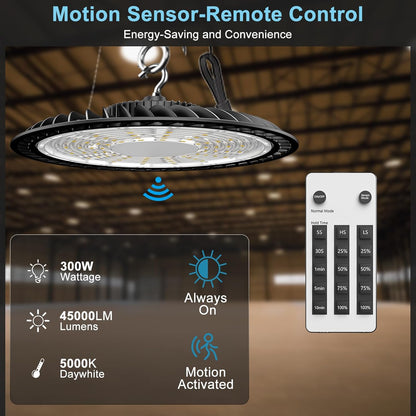 Lightdot 300W Smart High Bay LED Lights 45000LM UFO Lights with Remote Control (Supports Normal Mode & Motion Sensor Mode) ETL-Listed Plug and Play for 30-50FT Height Warehouse