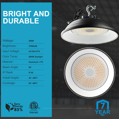 Lightdot 250W (260x1W) LED High Bay Lights with Reflector 37500lm 5000K UFO Lights AC100-277V Plug and Play High Bay LED Shop Lights Suit for 30~40FT Height Workshop/Barn/Garage