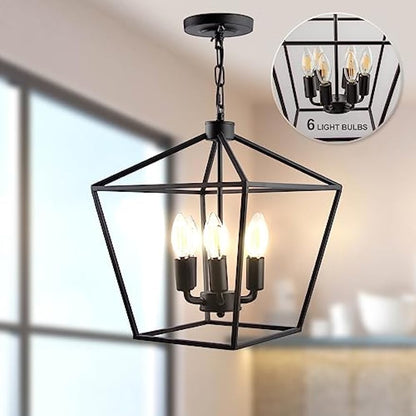 Lightdot Modern Farmhouse Chandelier, 6-Light Matte Black Lantern Pendant Light, Rustic Industrial Ceiling Hanging Dining Room Light Fixtures for Kitchen Island Hallway Entryway, Bulbs Included