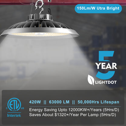 Lightdot LED High Bay Light 420W 63000lm AC100-277V 5000K High Bay LED Shop Light, US Plug Commercial UFO Lights
