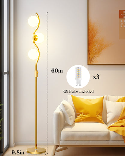 Lightdot 60IN Dimmable (Brightness Adjustable) Floor Lamp, Mid Century Standing Lamps with 3 Globe Soft Warm White Eye Care 3000K Bulbs Included, Modern Tall Lamp for Bedroom Office