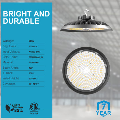 Lightdot 420W LED High Bay Light Fixtures 63000lm 5000K Daylight High Bay LED Shop Light, AC100-277V UFO Commercial Lighting for 30-60FT Height Warehouse-4Pack