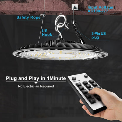 Lightdot 300W Smart High Bay LED Lights 45000LM UFO Lights with Remote Control (Supports Normal Mode & Motion Sensor Mode) ETL-Listed Plug and Play for 30-50FT Height Warehouse