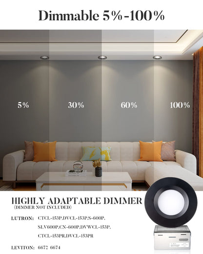 Lightdot 6 Inch Recessed Lighting , 12W Dimmable LED Downlight 3CCT Selectable (3000K/4000K/5000K), Anti-Glare Slim Canless Ceiling Light-Black