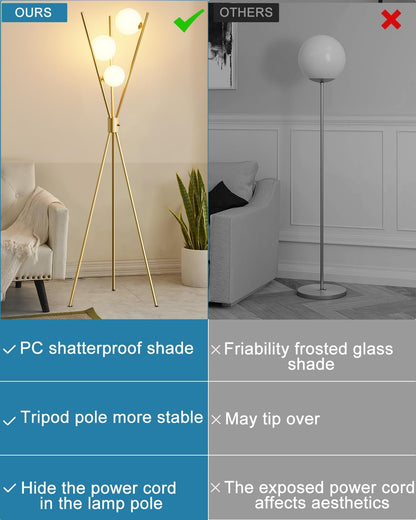 Lightdot Dimmable Globe Modern Floor Lamp, Gold Standing Lamps with 3PCS 3000K G9 Bulbs, Mid Century Modern Floor Lamp for Living Room/Bedroom