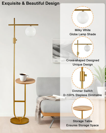 Lightdot Gold Dimmable Floor Lamp with Table, Standing Corner Reading Lamp