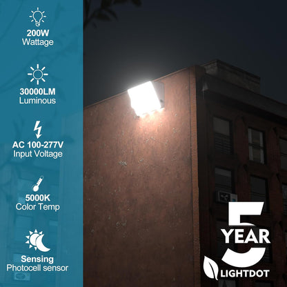 Lightdot 200W LED Wall Pack Lights, 100-277v Dusk to Dawn Photocell, 30000Lm(150Lm/W) 5000K IP65 Wall Mount Outdoor Exterior Lighting,White ETL | 5-Year Warranty(Height:15~30ft)