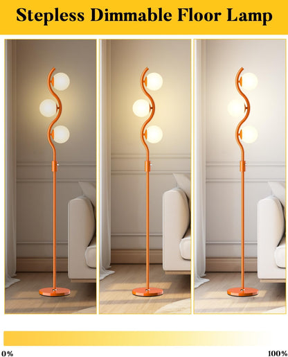 Lightdot 3-Globe Dimmable Floor Lamp Orange Mid Century Modern Standing Lamp with 3PCS 3000K Bulbs Included Stepless Brightness Adjustable Stable Base for Living Room/Bedroom/Sofa Beside/Corner Decor
