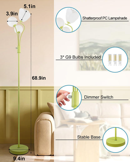 Lightdot 69IN Dimmable Floor Lamp Mid Century Standing Lamps with 2 Globe Soft Warm White Eye Care 3000K Bulbs Included, Modern Tall Lamp for Bedroom Office