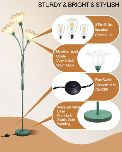 Lightdot Flower Floor Lamp for Living Room Modern Tree Floor Lamp with DIY Branch Goosenecks, Green 3-Light Standing Lamp with Bulb&b5Lbs Heavy Base for Bedroom/Kids Room/Sofa Beside/Corner Decor