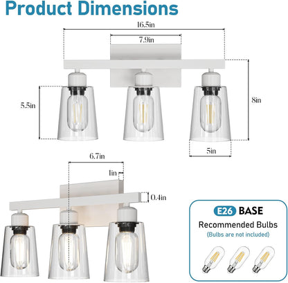 Lightdot 3-Light Bathroom Vanity Light, 16.5IN Modern Bathroom Light Fixtures with Clear Glass Waterproof Shades, Rust-Proof White Vanity Lights Over Mirror for Living Room Kitchen Hallway