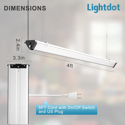 Lightdot Upgrad 4 Pack 4FT Linkable LED Shop Lights 50W 7500LM 100-277V for Workshop Garage Supermarket with 5ft On/Off Switch Plug, 5000K Daylight, Hanging Flushmount Available Plug and Play-Black