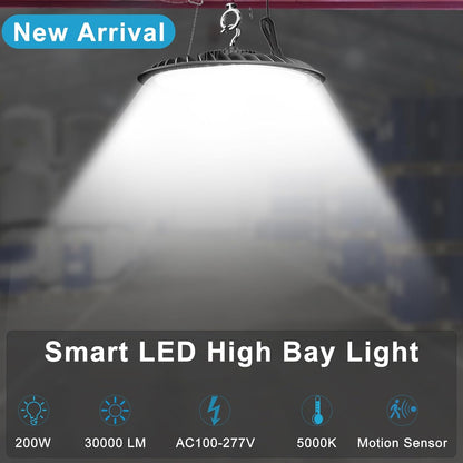 Lightdot 200W LED High Bay Light with Remote Control Supports Normal Mode & Motion Mode(Energy Saving) Switching 5000K 22500LM High Bay LED Lights AC100-277V UFO LED Lights