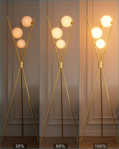 Lightdot Dimmable Globe Modern Floor Lamp, Gold Standing Lamps with 3PCS 3000K G9 Bulbs, Mid Century Modern Floor Lamp for Living Room/Bedroom