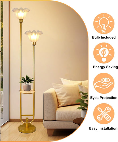 Lightdot Dimmable Flower Floor Lamp for Living Room Modern Mid Century Floor Lamp with Table Gold Tall Standing Lamp with 5Lbs Heavy Base for Bedroom/Sofa Beside/Corner Decor(Bulb Included)