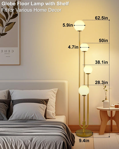 Lightdot Gold Globe Floor Lamp 4-Lights Dimmable Floor Lamps with 3000K Bulbs Included Unique Mid Century Modern Tall Standing Lamp with 5Lbs Heavy Base for Living Room/Bedroom/Sofa Beside