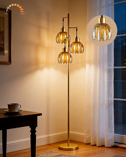 Lightdot 65''  Glass Floor Lamp Dimmable Gold Floor Lamps with Lotus Glass Shade& 3000K Bulbs Included 3-Lights Modern Tall Standing Lamp with 5Lbs Heavy Base for Living Room/Bedroom/Sofa Beside