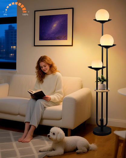 Lightdot Globe Floor Lamp with Shelf 3-Lights Modern Dimmable Floor Lamps for Wedding/Party, 3000K Warm White Bulbs Included, Gold Tall Standing Lamp for Living Room/Bedroom/Sofa Beside/Corner Decor