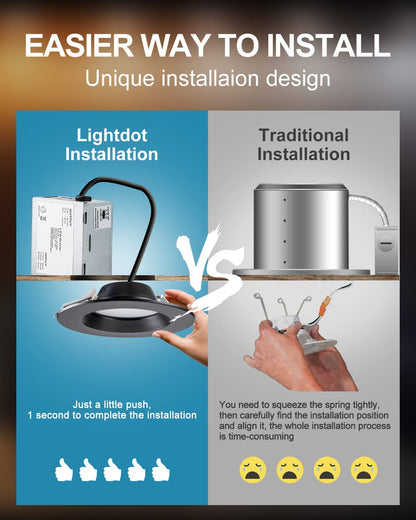Lightdot 6 Inch Recessed Lighting , 12W Dimmable LED Downlight 3CCT Selectable (3000K/4000K/5000K), Anti-Glare Slim Canless Ceiling Light-Black