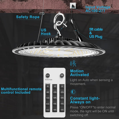 Lightdot 200W LED High Bay Light with Remote Control Supports Normal Mode & Motion Mode(Energy Saving) Switching 5000K 22500LM High Bay LED Lights AC100-277V UFO LED Lights