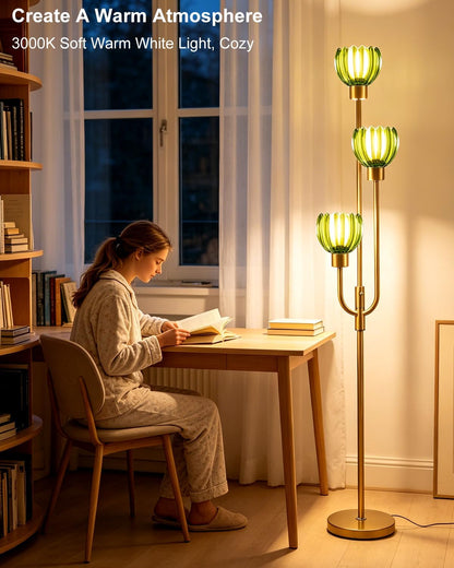 Modern Glass Floor Lamp 66IN 3-Light Green Glass Gold Dimmable Floor Lamps