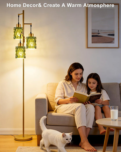 Lightdot 67" 3-Light Glass Floor Lamp for Living Room, Dimmable with Glass Shade & E12 Bulbs Included, Mid Century Standing Tall Lamp with 5Lbs Heavy Base for Bedroom/Sofa Beside/Corner - Gold