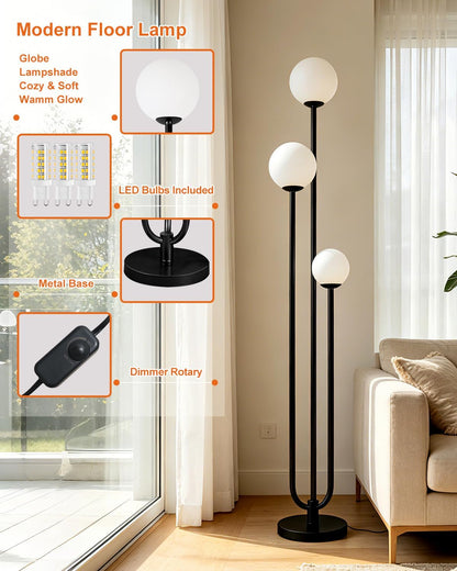 Lightdot 63IN Black Floor Lamp Dimmable with Mid Century Standing Lamps, 3000K Warm White Bulbs Included, Modern Globe Floor Lamp with 5Lbs Heavy Base for Living Room/Bedroom/Sofa Beside/Corner Decor