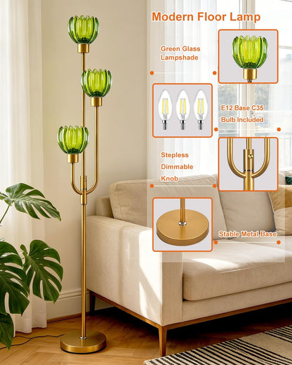 Modern Glass Floor Lamp 66IN 3-Light Green Glass Gold Dimmable Floor Lamps
