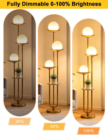Lightdot Globe Floor Lamp with Shelf 3-Lights Modern Dimmable Floor Lamps for Wedding/Party, 3000K Warm White Bulbs Included, Gold Tall Standing Lamp for Living Room/Bedroom/Sofa Beside/Corner Decor