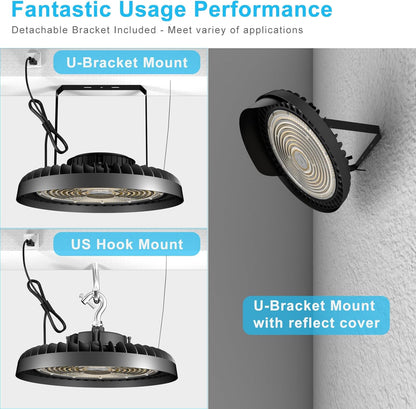 Lightdot LED High Bay Light 300W 45000lm UFO Lights with Reflector (Reduce Light Loss, Can Be Removed), AC100-277V High Bay LED Shop Light with U Bracket & US Hook Mount for 30-50FT Height Shop-6Pack