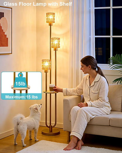 Lightdot Amber Glass Floor Lamp with Table Farmhouse Modern Gold Floor Lamp