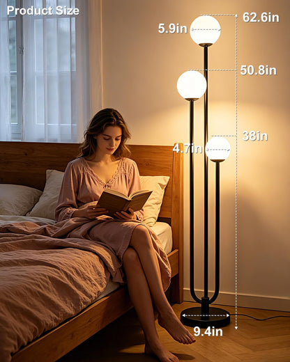 Lightdot 63IN Black Floor Lamp Dimmable with Mid Century Standing Lamps, 3000K Warm White Bulbs Included, Modern Globe Floor Lamp with 5Lbs Heavy Base for Living Room/Bedroom/Sofa Beside/Corner Decor