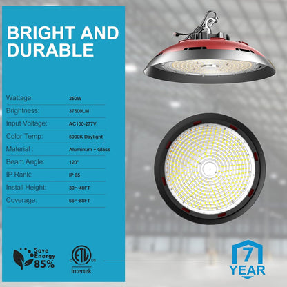 Lightdot LED High Bay Light, High Bay LED Lights, AC100-277V 5000K UFO LED High Bay Shop Light with US Plug for 30-50FT Height Warehoues/Shop/Barn