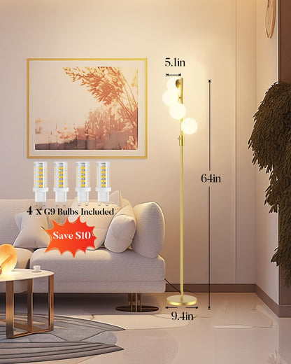 Lightdot 64IN Dimmable (Brightness Adjustable) Globe Floor Lamp, Gold Standing Lamps with 3000K G9 Bulbs Soft Warm White Eye Care, Mid Century Modern Floor Lamp for Living Room