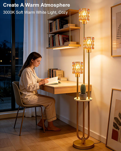 Lightdot Amber Glass Floor Lamp with Table Farmhouse Modern Gold Floor Lamp