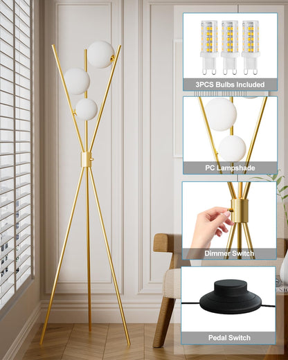 Lightdot Dimmable Globe Modern Floor Lamp, Gold Standing Lamps with 3PCS 3000K G9 Bulbs, Mid Century Modern Floor Lamp for Living Room/Bedroom