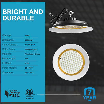 Lightdot 300W High Bay LED Shop Lights with Diffuser (Beam Angle: 120˚) 45000lm Strong Brightness High Bay LED Lights, AC100-277V Commerical UFO LED High Bay Lights for Warehouse Lighting