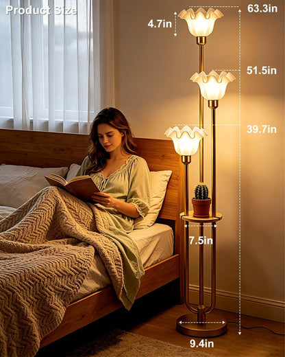 Lightdot Flower Floor Lamp for Living Room Dimmable Vintage Floor Lamp with Shelf& Bulbs Included Mid Century Gold Floral Standing Tall Lamp with 5Lbs Heavy Base for Bedroom/Sofa Beside/Corner Decor